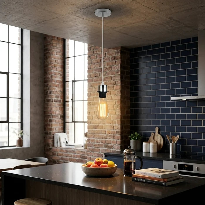 Modern kitchen with pendant light, brick wall, and blue tiled backsplash.