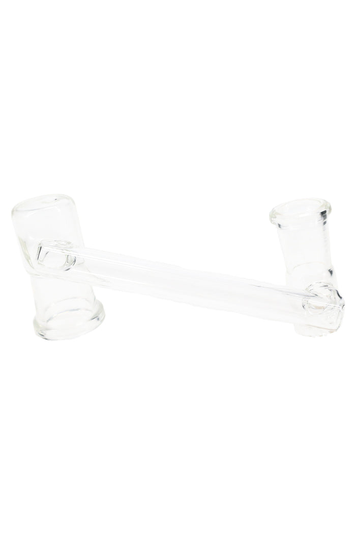 Clear drop-down sidecar glass adapter with 18.8 mm female and 14.5 mm female joints connected by an offset tube, shown at an angle on white.