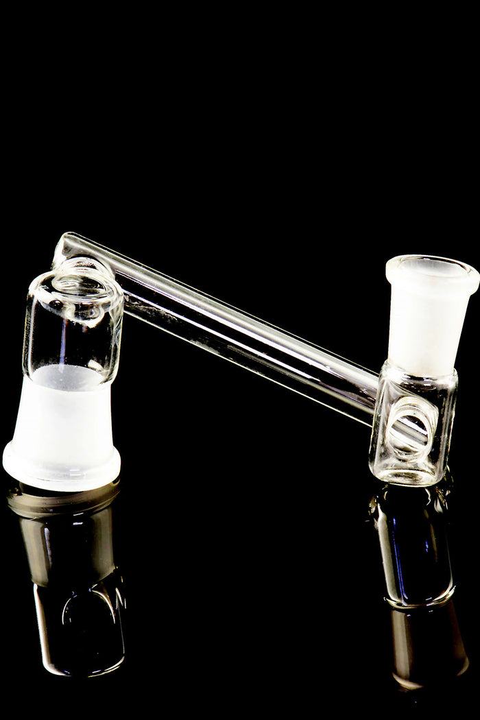 Close-up of drop-down sidecar reducer adapter for 19 mm to 14 mm setups featuring frosted female joints and straight connector tube on black backdrop.