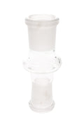 Clear 18.8 mm female to 14.5 mm female glass adapter with frosted ground joints and center grip ring shown upright on a white background.