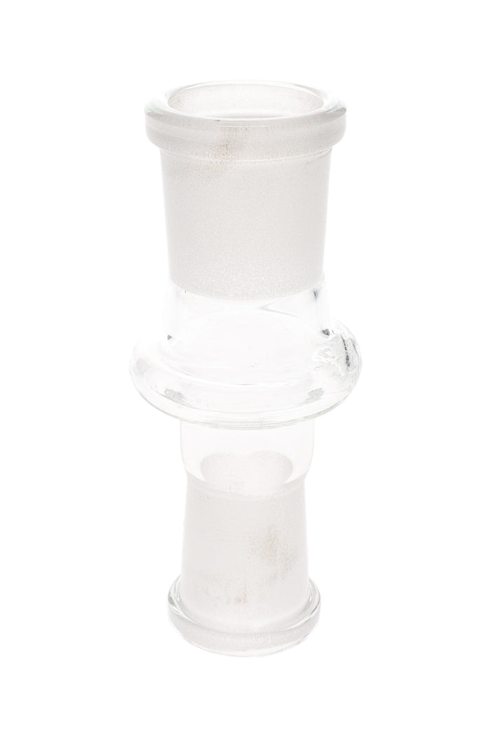 Clear 18.8 mm female to 14.5 mm female glass adapter with frosted ground joints and center grip ring shown upright on a white background.