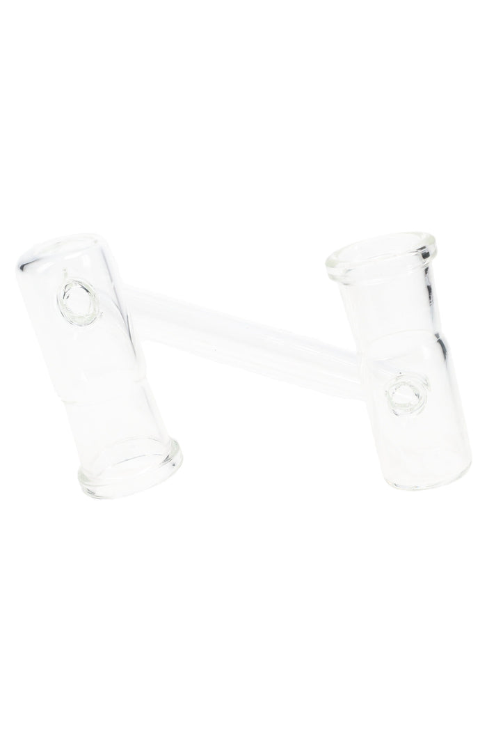 Clear glass drop-down sidecar adapter with two 18.8 mm female joints connected by a tube, shown angled on a white background.