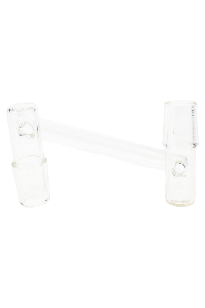 Clear drop-down sidecar glass adapter with two 18.8 mm male joints connected by an offset tube, shown angled on a white background.
