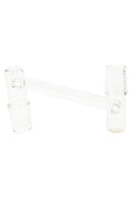 Clear drop-down sidecar glass adapter with two 18.8 mm male joints connected by an offset tube, shown angled on a white background.