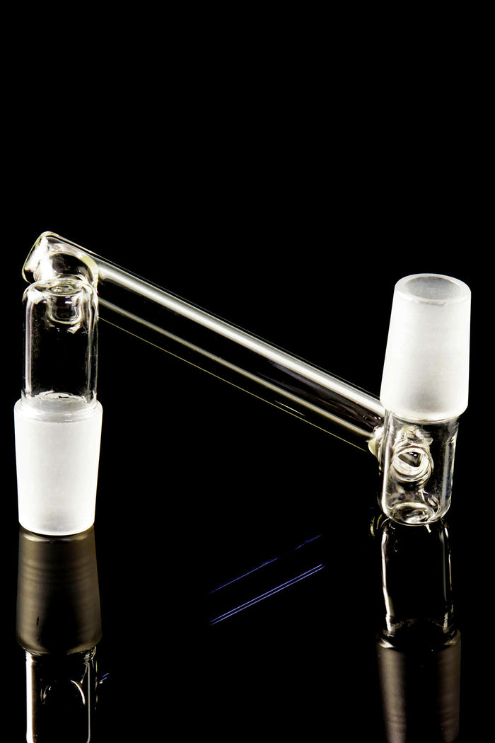 Close-up drop-down sidecar adapter for bongs featuring frosted 18.8 mm male joints and straight connector tube on a black backdrop.