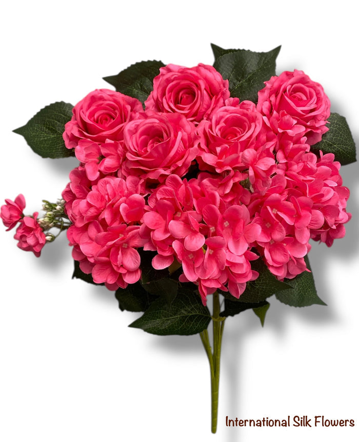 23'' Deluxe Silk Rose Hydrangea Mix Bush ( B1501-Fuchsia )