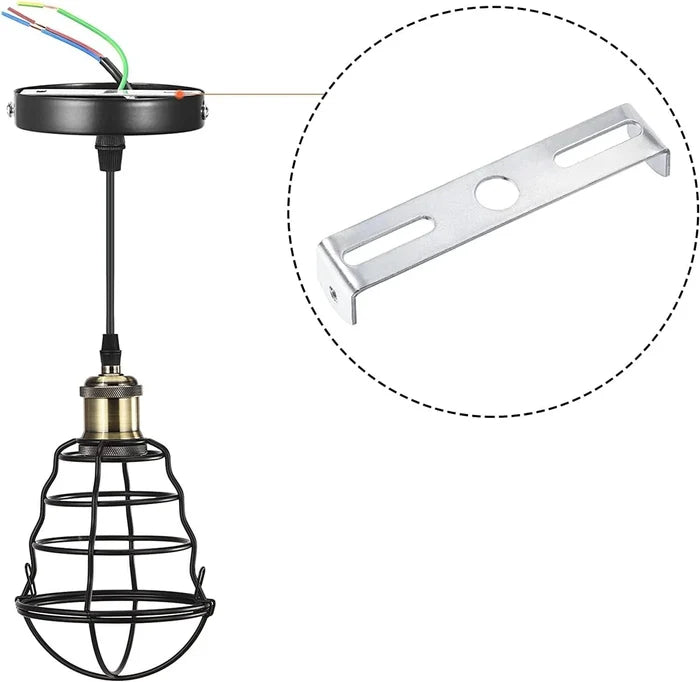 70mm ceiling rose strap bracket is displayed alongside a partially assembled light fixture with exposed wiring, illustrating its use with accessories.