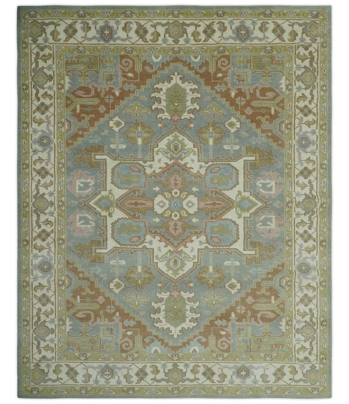 Antique Style Traditional Heriz Gray, Ivory, Peach and Olive Hand Knotted Multi Size wool Area Rug - The Rug Decor