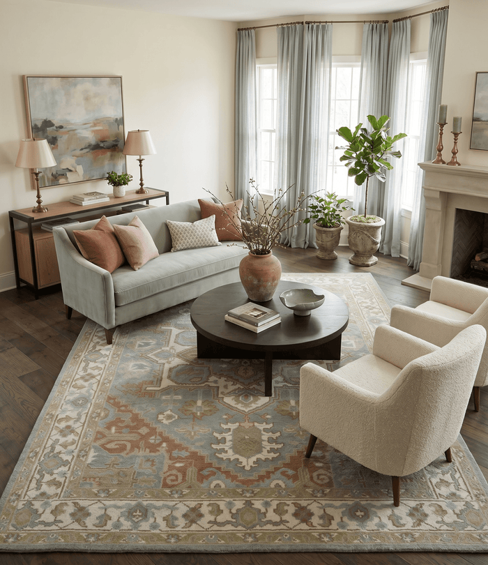 Antique Style Traditional Heriz Gray, Ivory, Peach and Olive Hand Knotted Multi Size wool Area Rug - The Rug Decor
