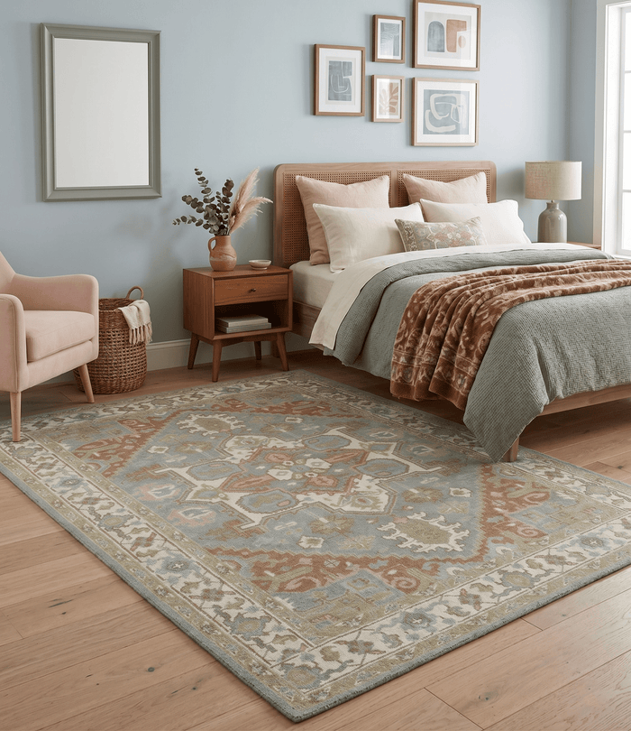 Antique Style Traditional Heriz Gray, Ivory, Peach and Olive Hand Knotted Multi Size wool Area Rug - The Rug Decor