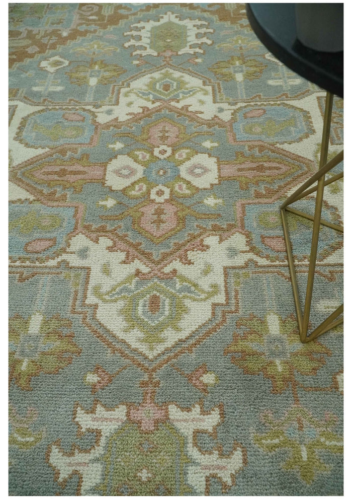 Antique Style Traditional Heriz Gray, Ivory, Peach and Olive Hand Knotted Multi Size wool Area Rug - The Rug Decor