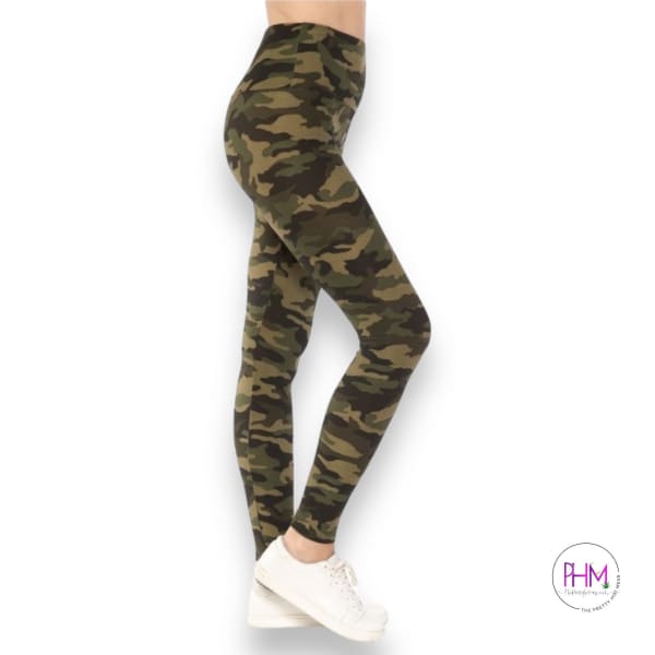 Buttery Soft Green Camo Yoga Band Leggings