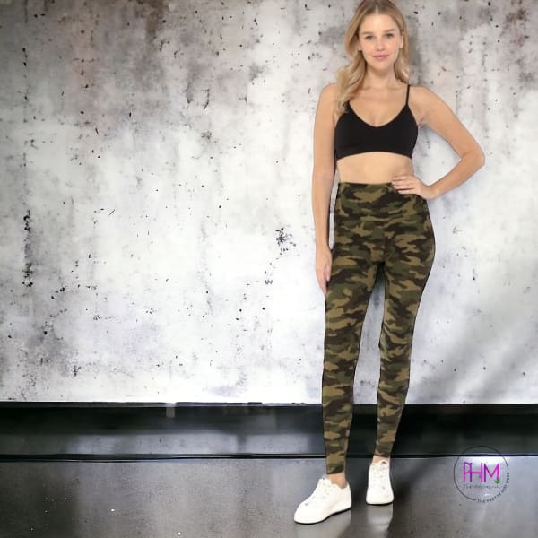 Buttery Soft Green Camo Yoga Band Leggings