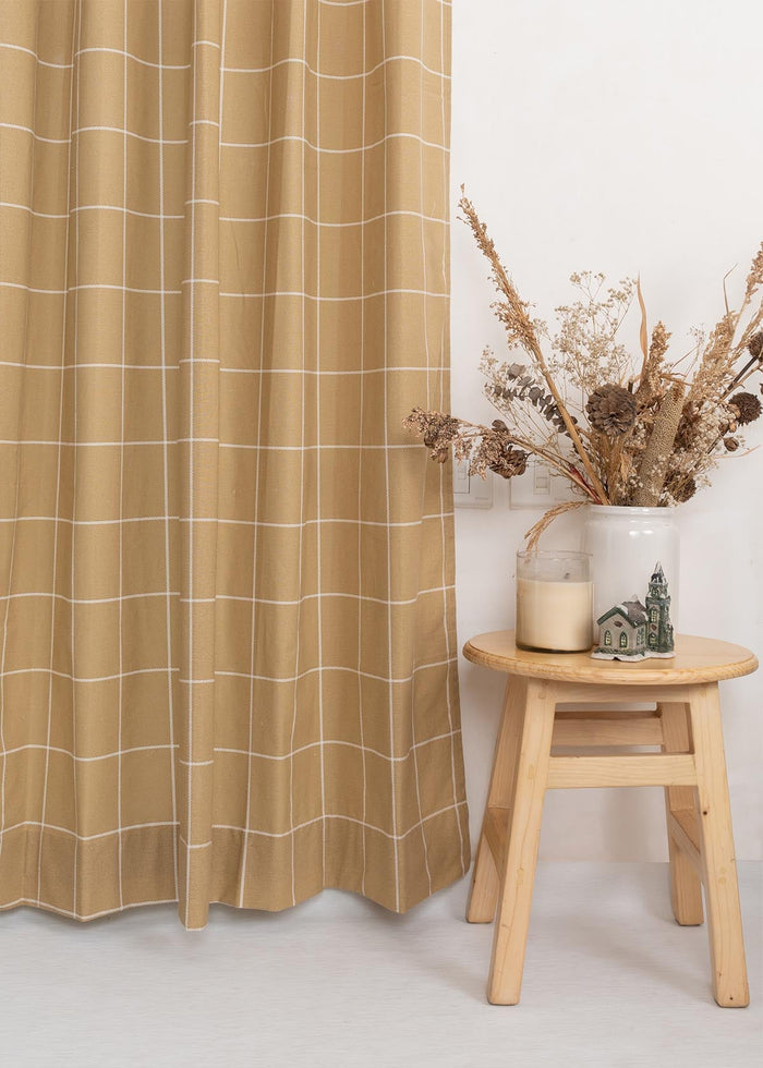 Cabin Checks 100% cotton geometric curtain for living room - Room darkening - Brown - Single Piece