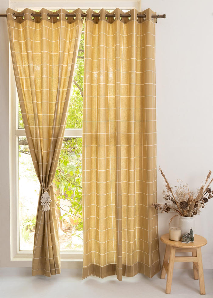 Cabin Checks 100% cotton geometric curtain for living room - Room darkening - Brown - Single Piece