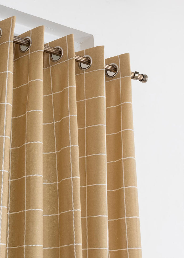 Cabin Checks 100% cotton geometric curtain for living room - Room darkening - Brown - Single Piece