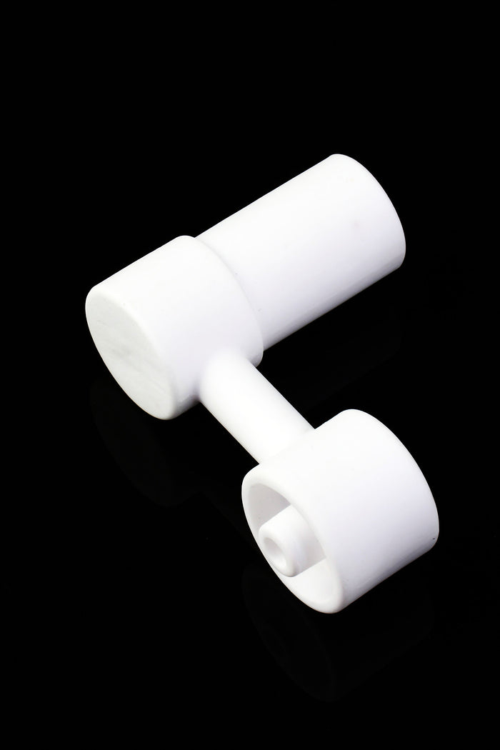 Bottom view of the domeless ceramic sidecar nail with universal 14 mm and 18 mm female fit for concentrate setups.