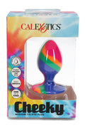 Medium tie-dye silicone butt plug with silky smooth finish and suction cup base, shown boxed in CalExotics Cheeky packaging.
