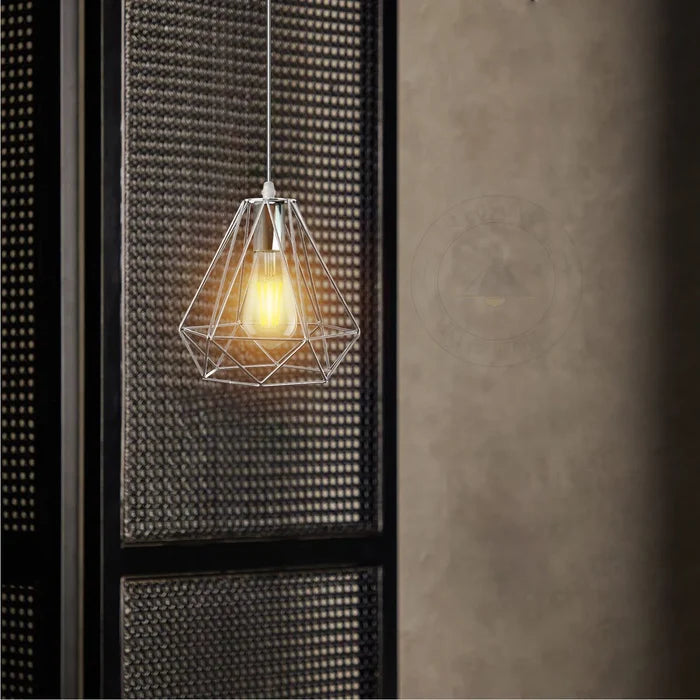 Chrome Metal 20cm Diamond Wire Cage E27 Ceiling Pendant Light ~4181