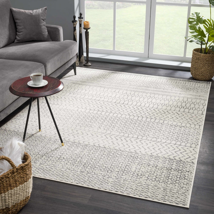 Contemporary Gray and Ivory Tribal Design Low Pile Indoor Area Rug - The Rug Decor