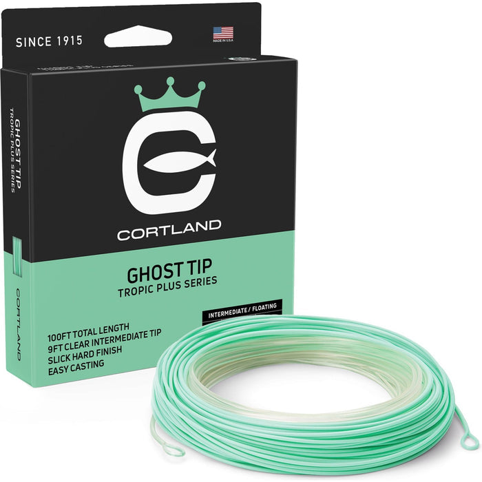 Cortland Tropic Plus Ghost Tip fly line packaging with mint green box and translucent monofilament coil