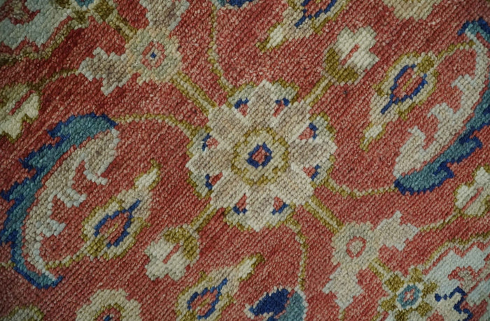 Custom Made Antique Floral Style Rust, Teal, Ivory and Olive Hand Knotted Oriental Oushak Wool Area Rug - The Rug Decor