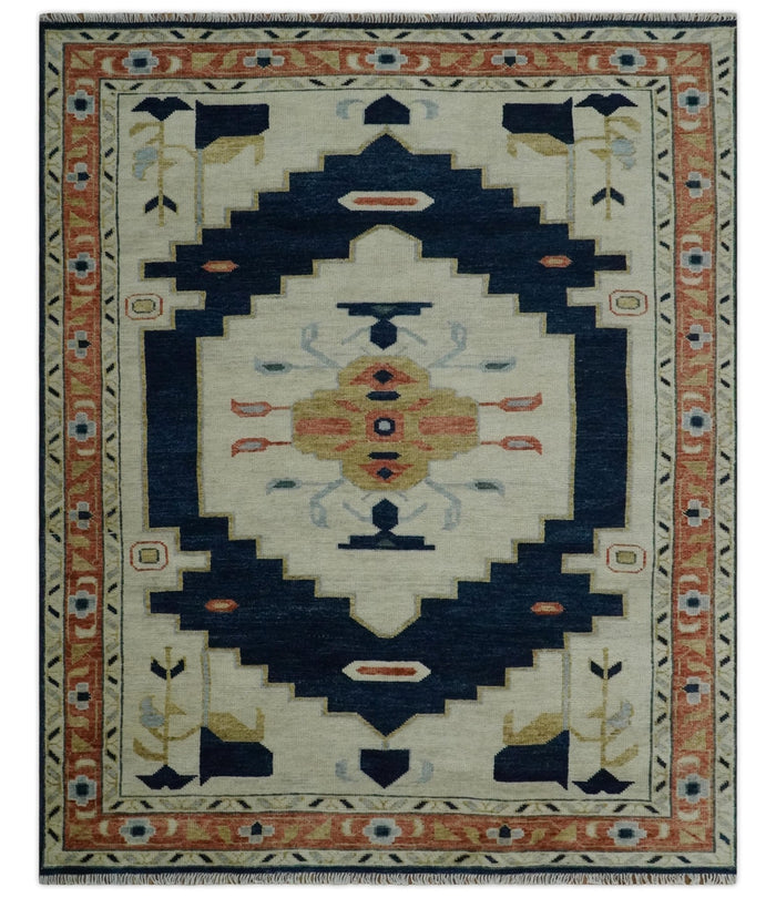 Custom Made Ivory, Blue, Beige and Rust Hand Knotted Traditional Heriz Wool Area Rug - The Rug Decor