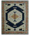 Custom Made Ivory, Blue, Beige and Rust Hand Knotted Traditional Heriz Wool Area Rug - The Rug Decor