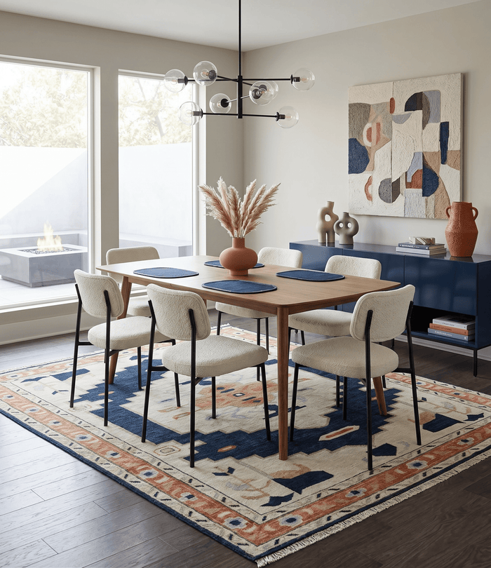 Custom Made Ivory, Blue, Beige and Rust Hand Knotted Traditional Heriz Wool Area Rug - The Rug Decor