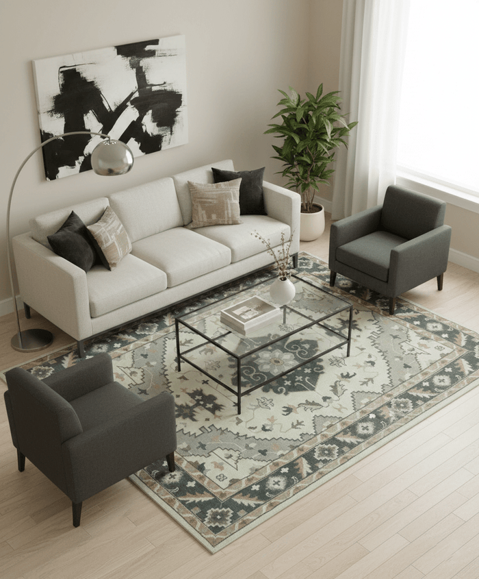 Custom Made Ivory, Gray, Camel and Charcoal Traditional Multi Size Wool Area Rug - The Rug Decor