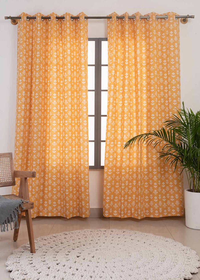 Dahlia Mustard 100% cotton floral curtain for living room - Room darkening - Single Piece