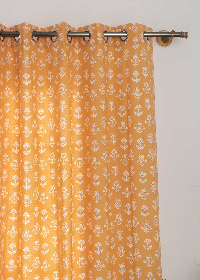 Dahlia Mustard 100% cotton floral curtain for living room - Room darkening - Single Piece