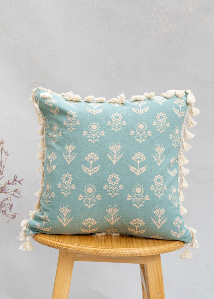 Dahlia Printed 100% cotton floral cushion cover for sofa with tassels - Nile Blue