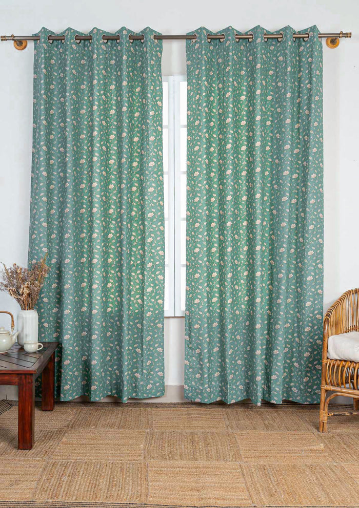 Eden aqua blue 100% cotton floral curtain for bed room - Room darkening - Single - Single Piece