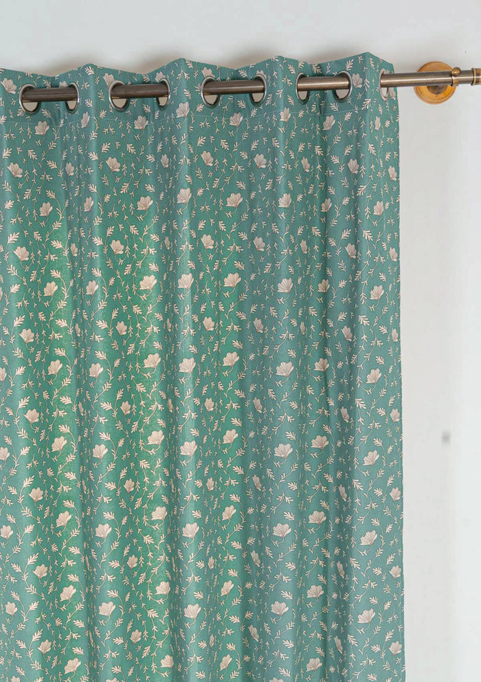 Eden aqua blue 100% cotton floral curtain for bed room - Room darkening - Single - Single Piece