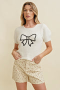 Embroidered Bow Fuzzy Sweater