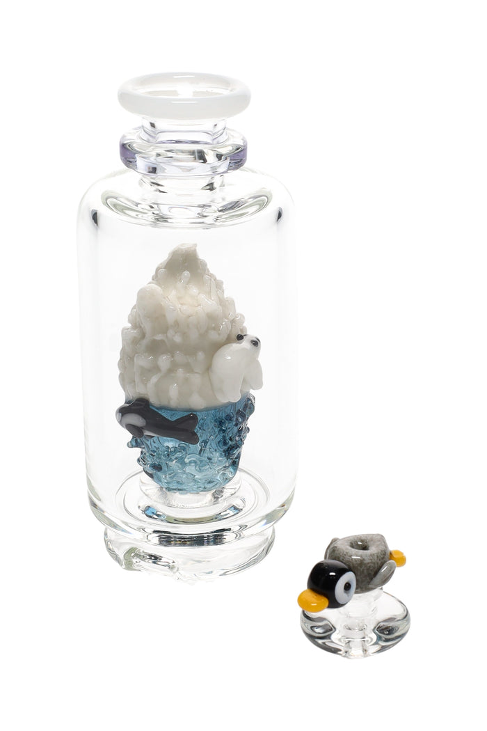 Empire Glassworks Peak attachment with clear glass body, arctic iceberg scene, penguin, and orca detail
