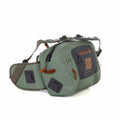 Sage green Fishpond Thunderhead lumbar bag rear view showing padded waist belt