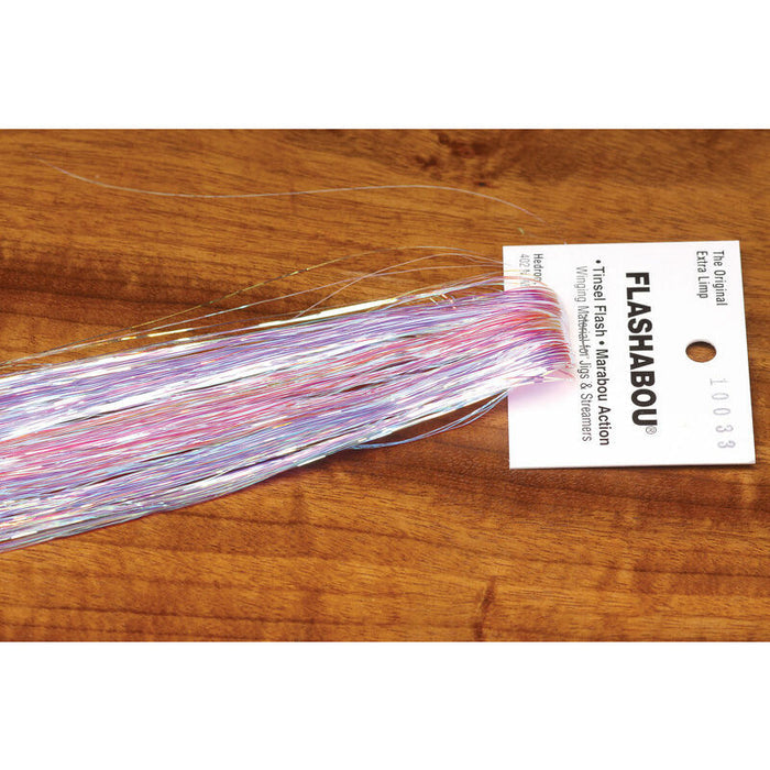 Opal Mirage Flashabou Micro fly tying material with iridescent pink, purple, and silver flash on white tag