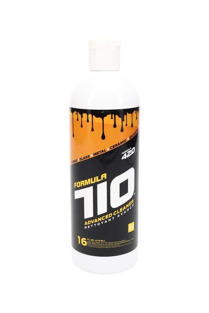 Formula 710 Advanced Cleaner 16-ounce bottle angled front view, black and orange label for glass pipe maintenance