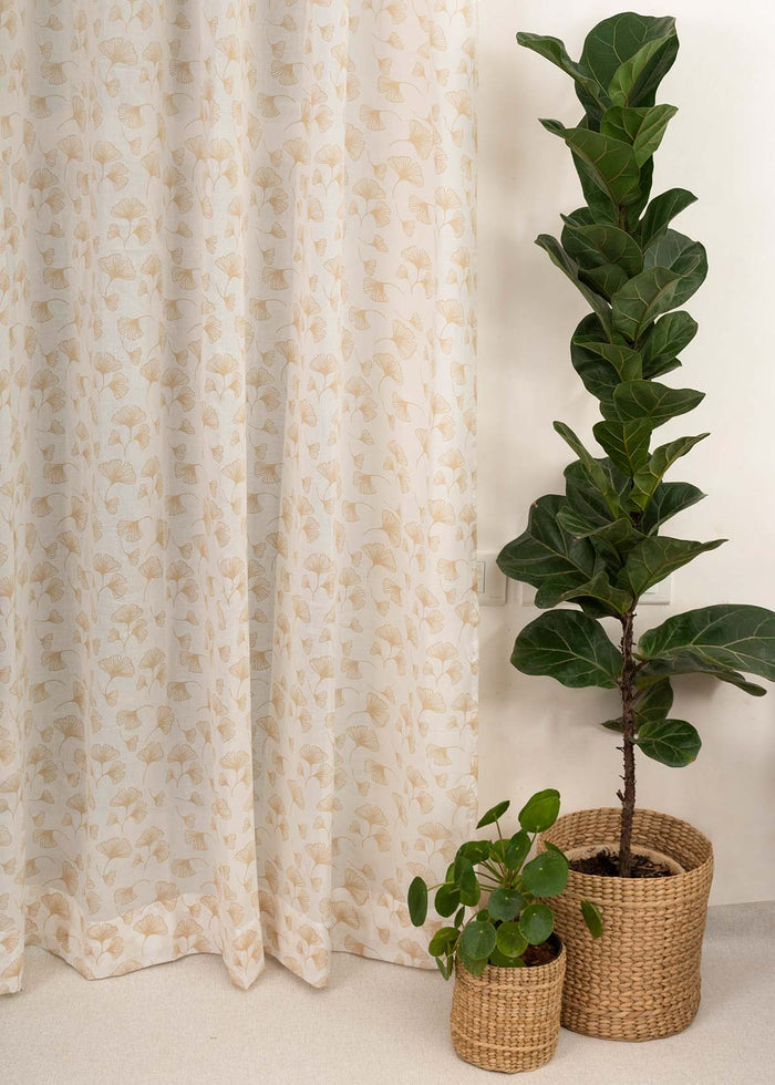 Gingko printed sheer Fabric - Beige