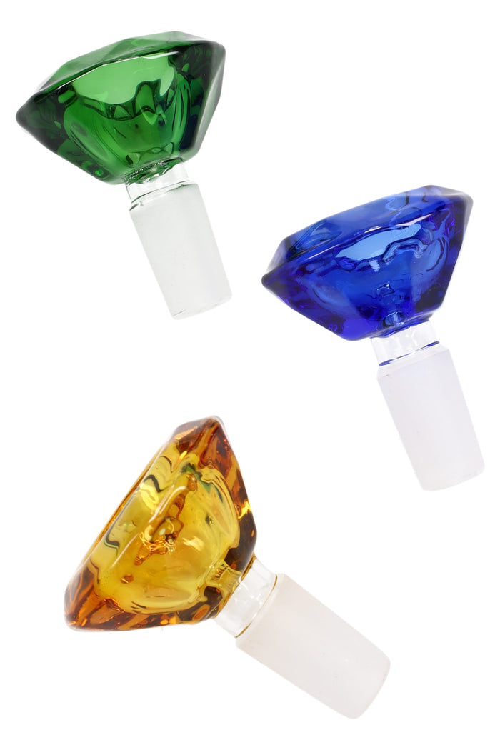 Colored glass 14.5 mm male GoG bowl for dry herb, durable single-piece slide that fits 14.5 mm female joints; colors vary, sold individually.