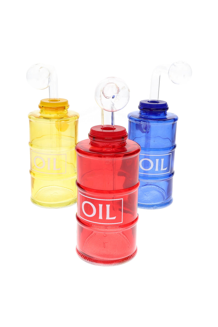 US-made 4″ colored glass barrel oil burner rig with bent mouthpiece and clear globe burner; about 140 g; red, blue, and yellow shown on white.