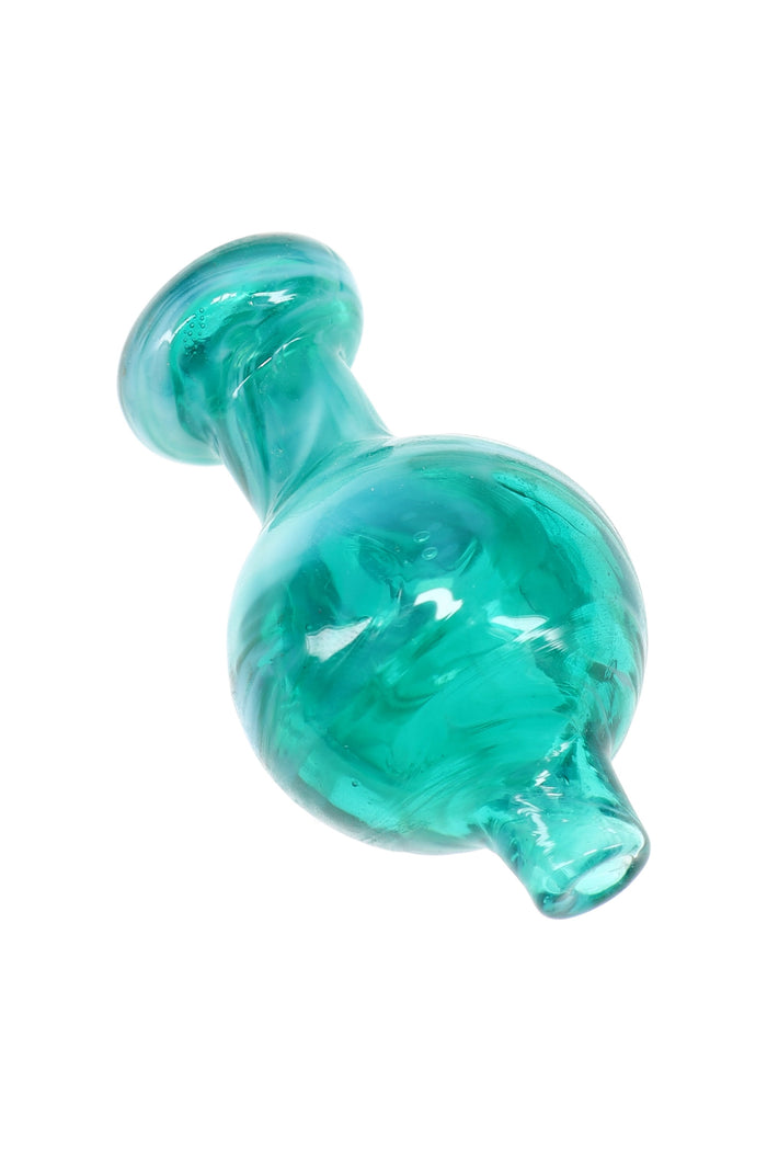 Teal swirl glass bubble carb cap with rounded chamber and tapered nozzle, fits most flat-top banger buckets; assorted colors.