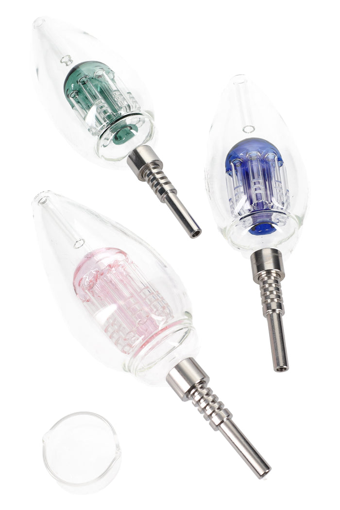 Light bulb glass dab straw with internal tree perc, screw-on metal tip, and glass dish; three accent colors shown, 8-inch size.