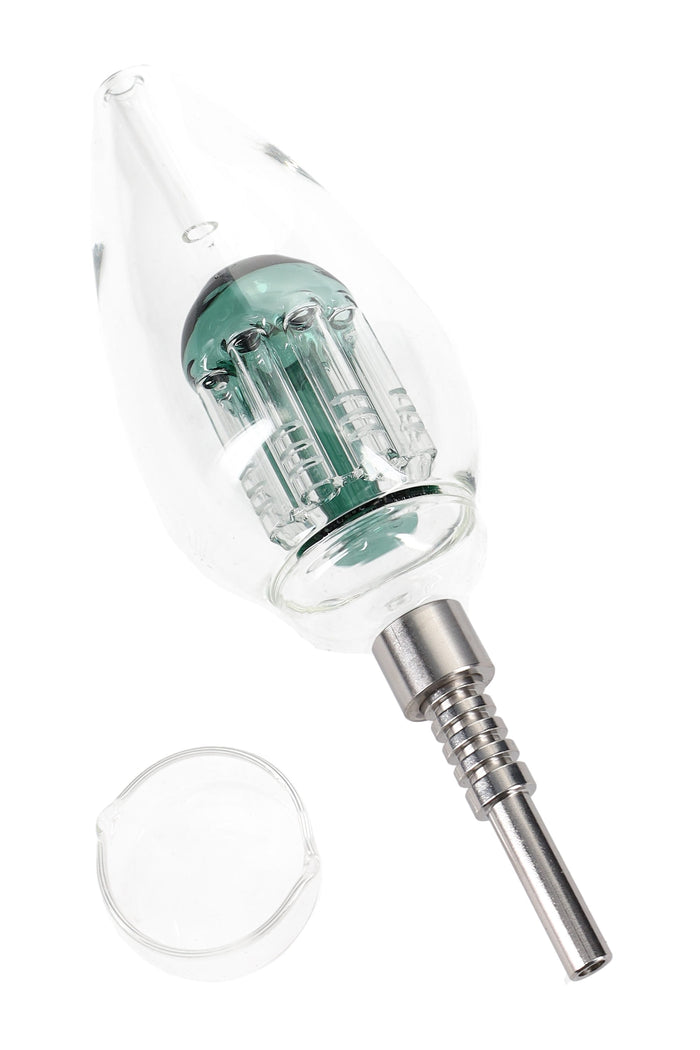 Green-accent light bulb dab straw featuring tree perc, threaded metal tip, and separate glass dish; compact 8-inch setup.