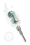 Green-accent light bulb dab straw featuring tree perc, threaded metal tip, and separate glass dish; compact 8-inch setup.