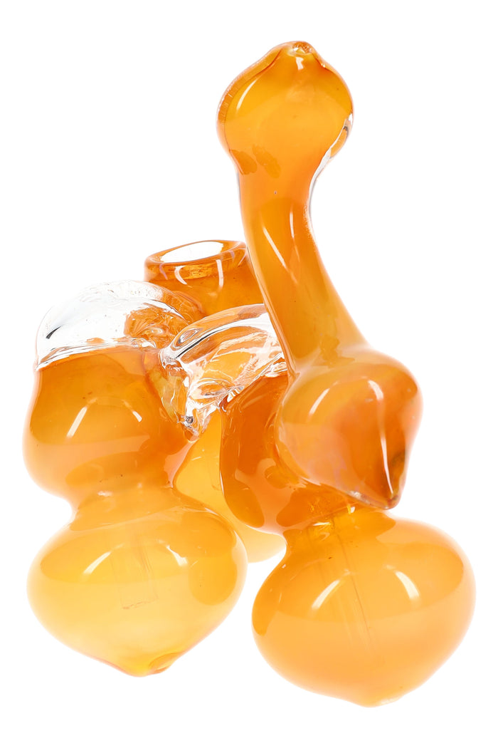 Gold-fumed triple-chamber sherlock glass bubbler with curved mouthpiece and fixed herb bowl, compact 7″ design on a white background.