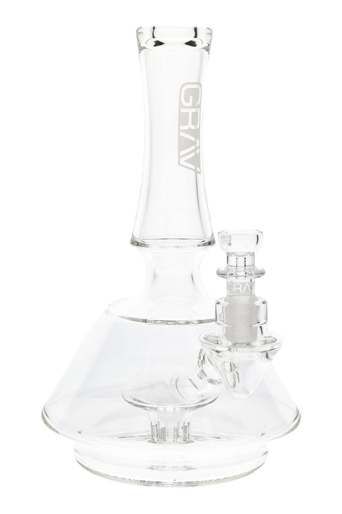 7.5-inch clear GRAV Oracle beaker bong with 14.5 mm bowl, built-in downstem, and 8-slotted mushroom perc, shown upright on a wide 4″ base against white background.