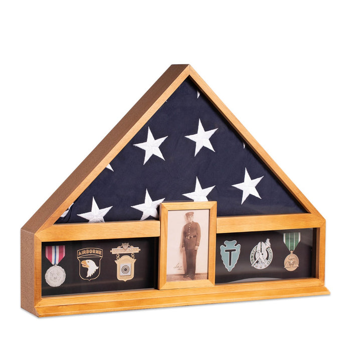 Handcrafted military flag and medal display case with 4" x 6" picture